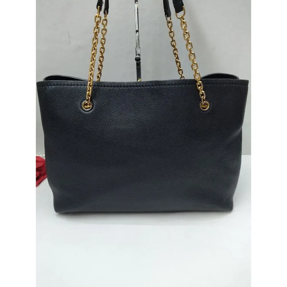 Tory Burch Black Pebbled Leather Chain Double Handles Tote Bag